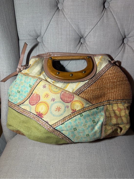 Fossil Handbags - Vintage Fossil Patchwork Hobo Bag With Wooden Handle